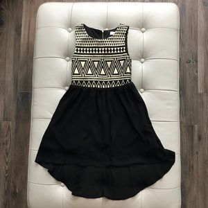 Gold/black brocade top & black chiffon hi/lo dress